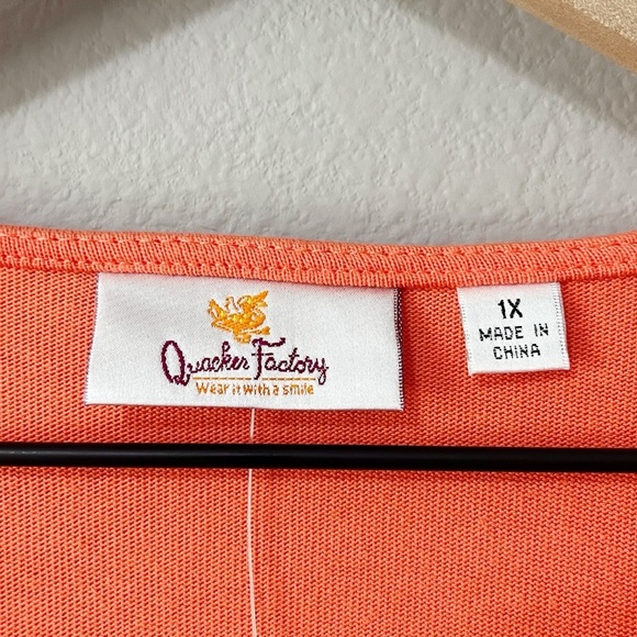 Quacker Factory Coral Orange Rhinestone Sequin Under the Sea 3/4 Sleeve Top 1X - Picture 8 of 10